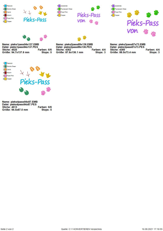 Preview: Stickdatei Set Motive für den HEIMTIERAUSWEIS, Übersicht mit 4 diversen Designs, 2 mal mit Schriftzug 