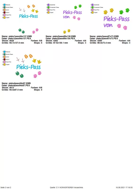 Stickdatei Set Motive für den HEIMTIERAUSWEIS, Übersicht mit 4 diversen Designs, 2 mal mit Schriftzug "Pieks-Pass"; 2 mal mit Schriftzug "Pieks-Pass von". Motive bestehen aus unterschiedlichen beziehungsweise unterschiedlich angeordneten Tierfußabdrücken.