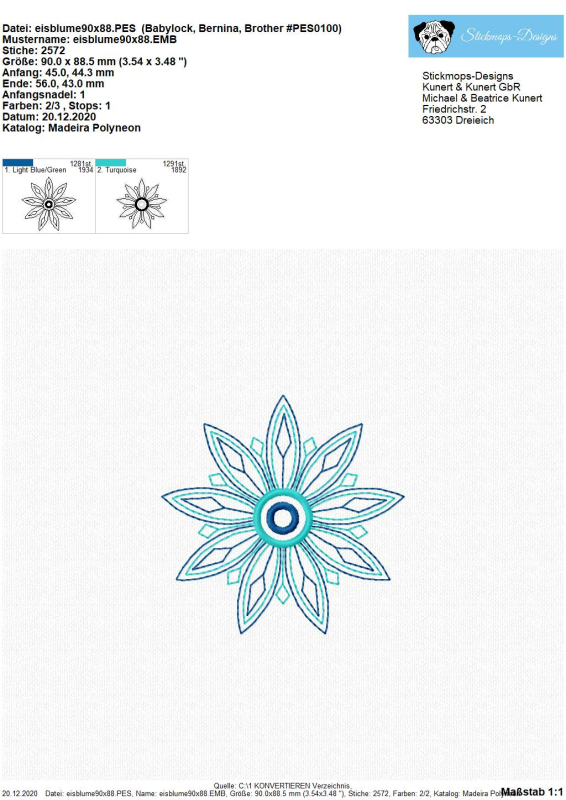 Preview: Freebie Stickdatei Eisblume (9x9cm), Foto mit ausgesticktem Exemplar und Übersicht zweier Dateien zur Gesamtausfertigung einer Eisblume.