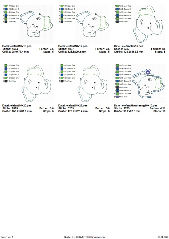 Stickdatei Elefant Applikation in 5 Größen + ITH Anhänger, Übersicht mit 6 Dateien. 1 mal für Elefantenkopf-Anhänger, garngeöst. 4 mal für Elefantenkopf-Applikation.