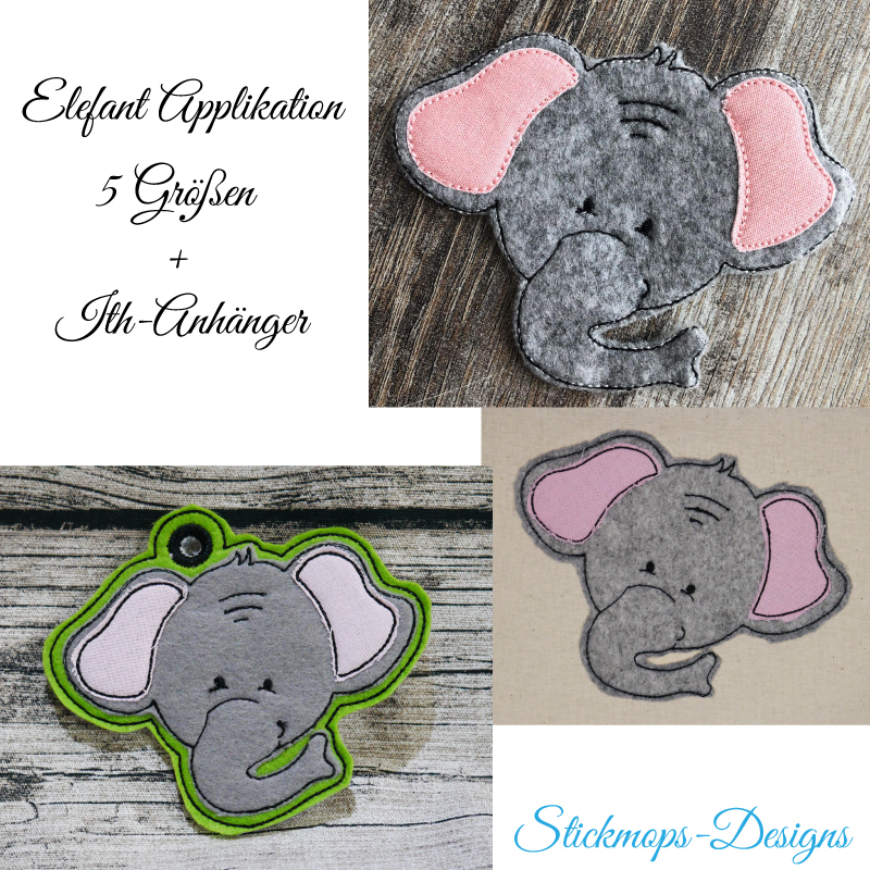 Preview: Stickdatei Elefant Applikation in 5 Größen + ITH Anhänger