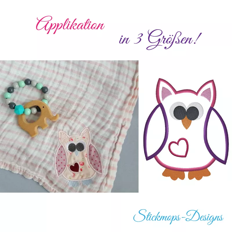 Auf dem Foto sieht man eine Eulen-Applikation mit Herzchen.