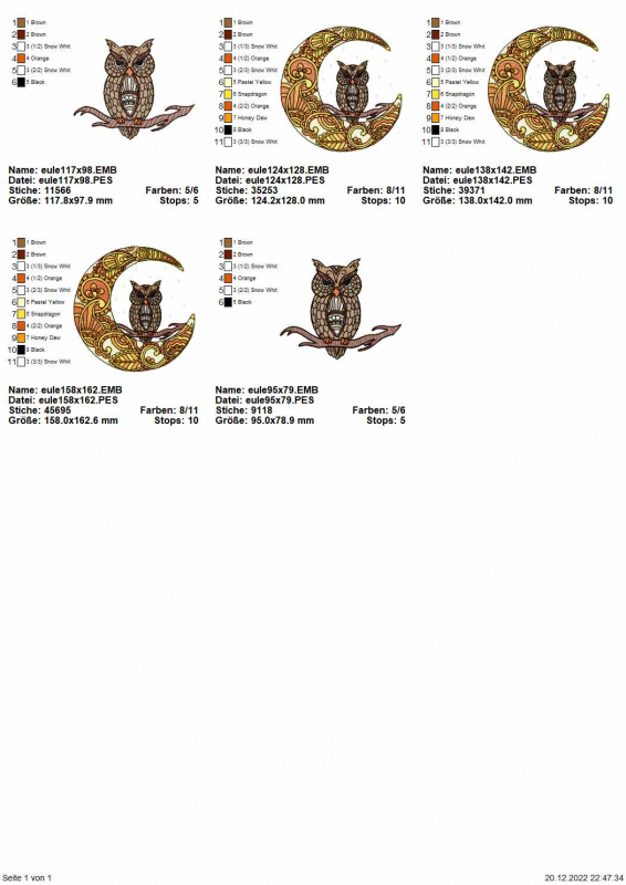 Stickdatei Set Magic Owl Varianten Übersicht