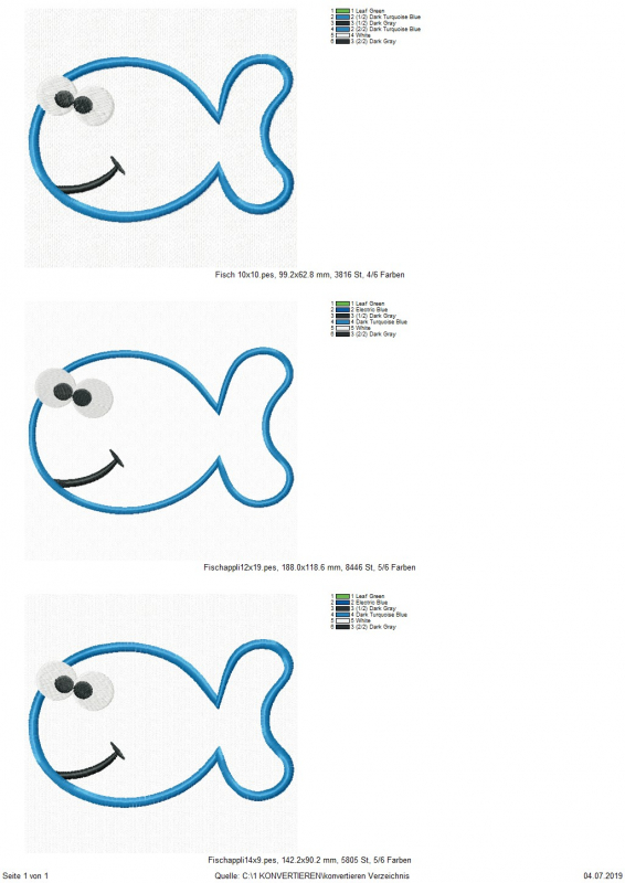 Preview: Stickdatei Fisch Applikation in 3 Größen. Übersicht zeigt 3 Dateien, jeweils mit einem Fisch.