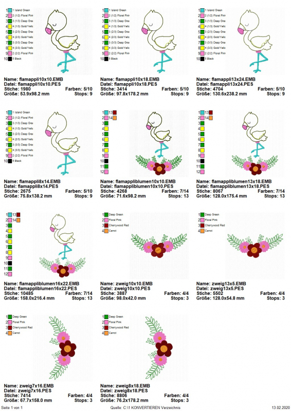 Stickdatei Flamingo Applikation + Blumenzweig, 11 Dateien in der Übersicht. 3 mal Flamingo auf Zweig; 4 mal nur Flamingo; 4 mal nur Zweig.