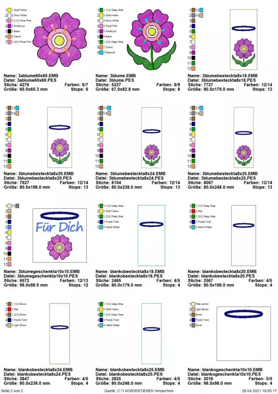 Stickdatei Set ITH Bestecktaschen Folksy Flowers (4 Größen), Übersicht mit 12 Dateien. 2 mal für Einzelmotive Blume, bzw. Blüte.
10 mal für Taschen (5 mal blanko; 5 mal Blume/Blüte, teilweise mit Schriftzug).