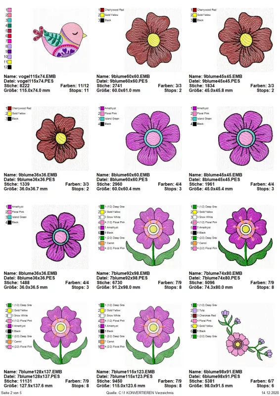 Stickdatei Set Folksy Flowers (div. Größen), Übersicht mit 12 Designs. 1 mal einzelner bunter Vogel; 3 mal rot-gelbe Blüte; 3 mal lila-rosa Blüte; 4 mal Blume; 1 mal Blüte mit Blütenranken.
