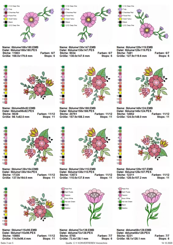 Stickdatei Set Folksy Flowers (div. Größen), Übersicht mit 12 Designs. 3 mal Blüte mit Blütenranken; 7 mal Blüten-Blätter-Arrangement; 2 mal rosa Blume.