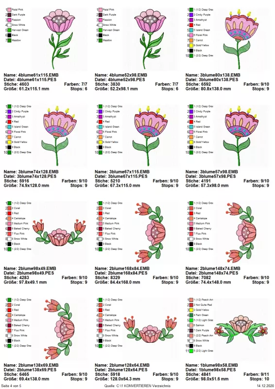 Stickdatei Set Folksy Flowers (div. Größen), Übersicht mit 12 Designs. 1 mal Blüte mit Blattgrün; 5 mal gebogene Blüten-Blattgrün-Ranke; 2 mal Blume in rosa; 4 mal Blume bunt.