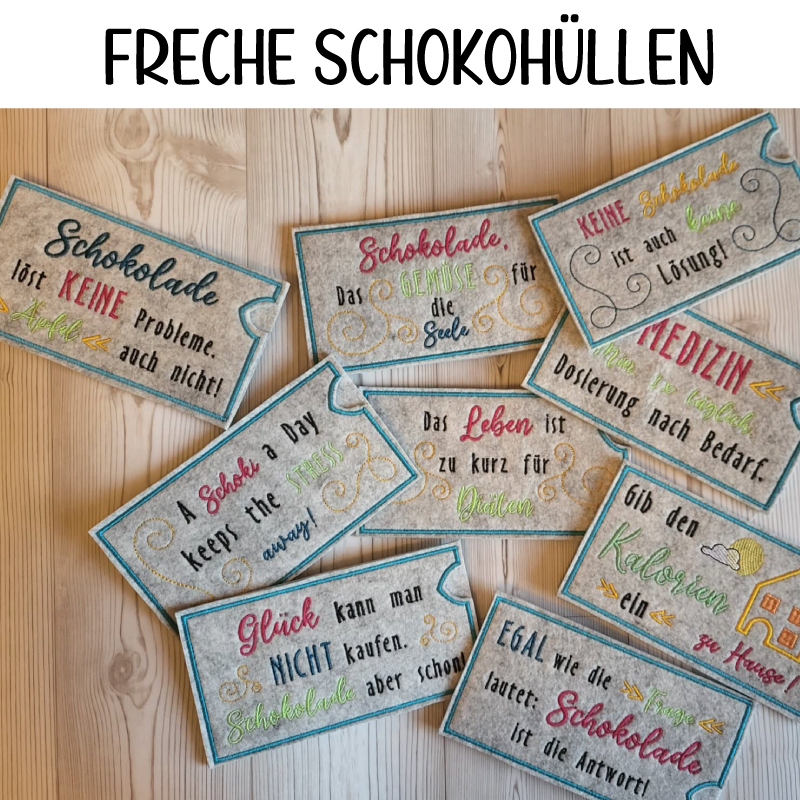 Preview: Stickdatei Set ITH Schokohüllen mit Sprüchen in 2 Größen