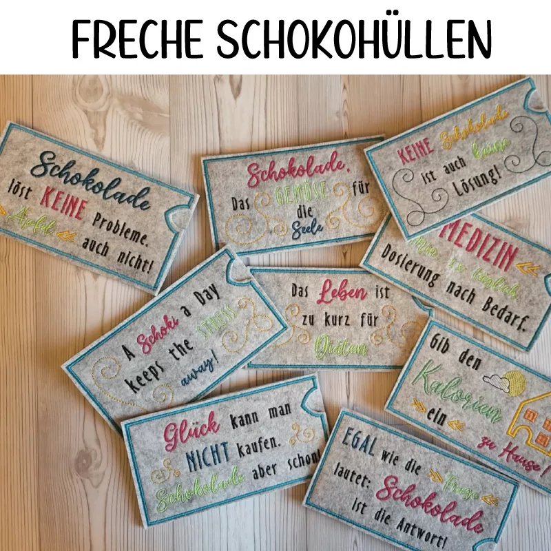 Schokohüllen ausgestickt mit Sprüchen