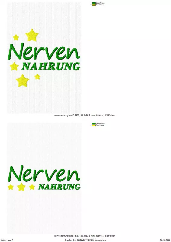 Freebie Stickdatei Nervennahrung, Zählpixel VG Wort. Zwei Abbildungen Schriftzug "Nervennahrung" mit Sternen, Varianzen in Schriftanordnung und Anordnung/Anzahl der Sterne.