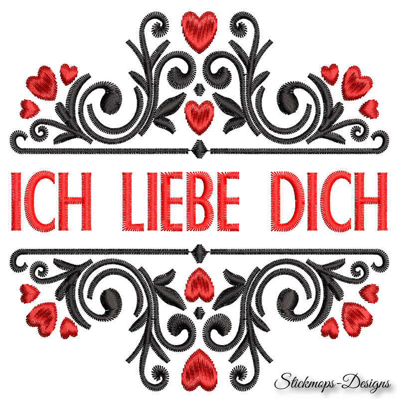 Geteiltes Ornament in Schwarz mit roten Herzen und Schriftzug Ich liebe dich in rot