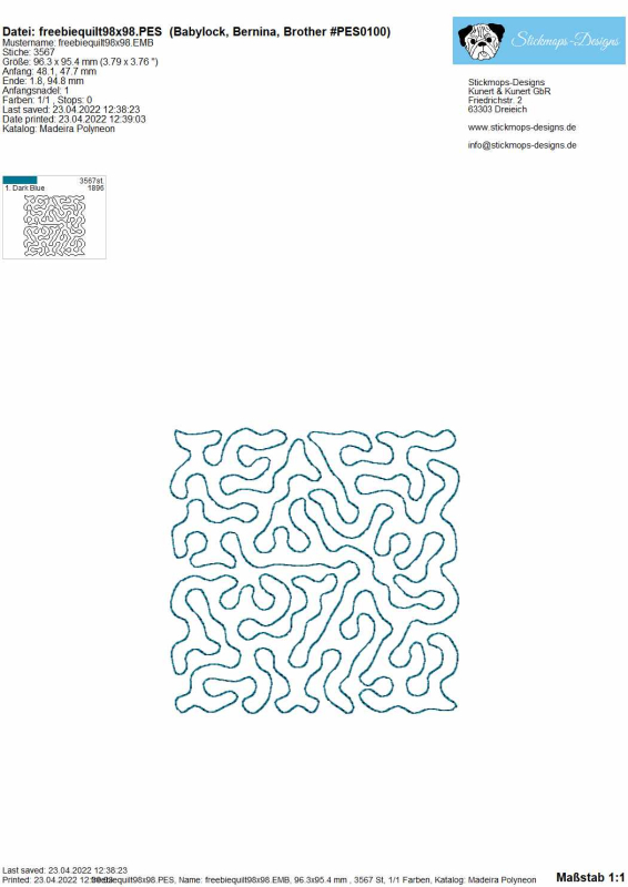 Preview: Freebie Stickdatei Quiltblock Mäanderfüllstich, Übersicht einer Datei für mäanderförmigen Füllstick, quadratisch als Quiltblock.