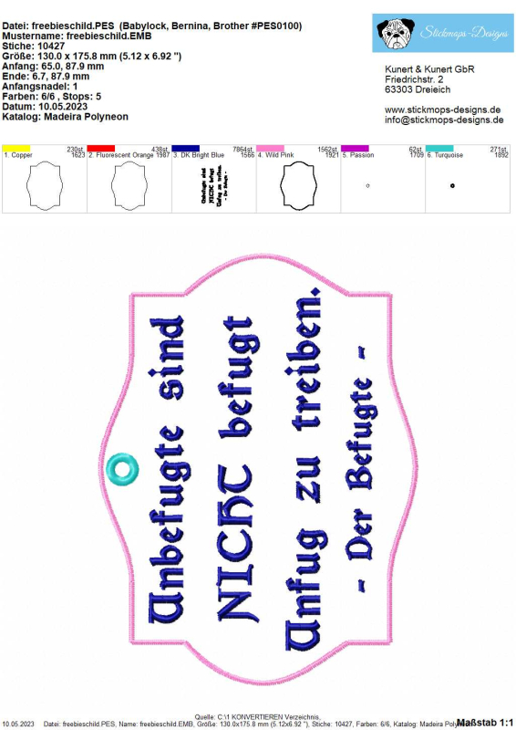 Preview: Freebie Stickdatei ITH Schild Unbefugt, Foto mit ausgefertigtem garngeöstem Artikel nebst Übersicht. Übersicht mit sechs Dateien, die insgesamt für die Anfertigung des kompletten Freebies nötig sind.