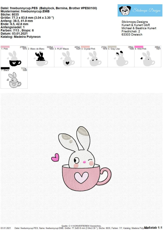 Preview: Übersicht Freebie Stickdatei Bunny in a Cup