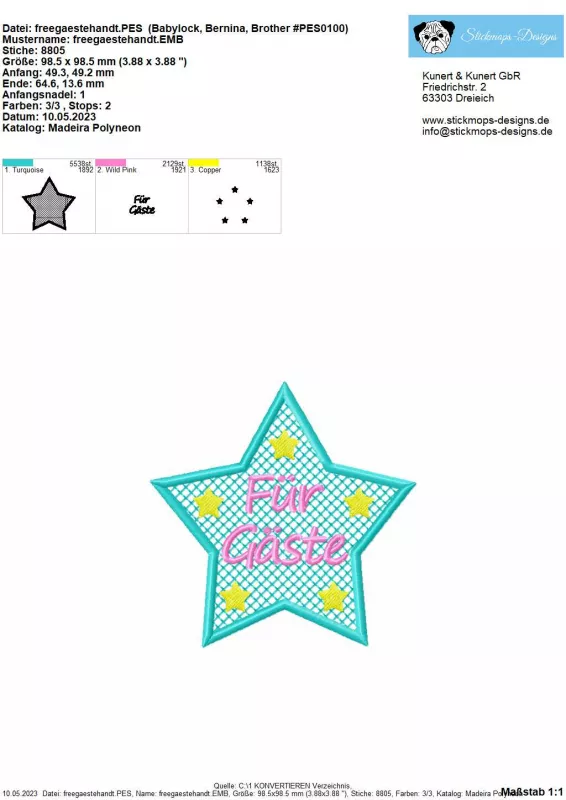 Freebie Stickdatei Für Gäste Handtuchmotiv (10x10), Abbildung mit Foto eines fertigen Stick-Emblems nebst dreiteiliger Übersicht der einzelnen Dateien (Schriftzug, großer Stern, 5 kleine Sterne) zur Erstellung einer Gesamtausfertigung.