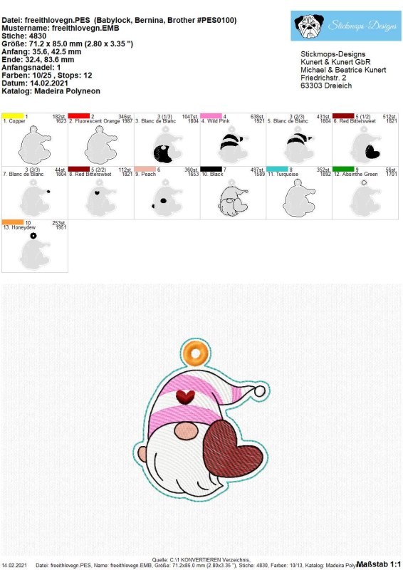 Preview: Freebie Stickdatei ITH Anhänger Lovegnome (10x10 Rahmen), Übersicht über 13 Einzelschrittdateien, durch die 1 kompletter garngeöster Anhänger erstellt wird. Darunter ein Foto eines ausgefertigten Exemplars.