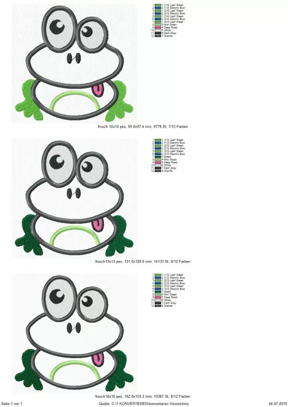 Stickdatei Frosch Applikation in 3 Größen, Übersicht mit 3 Dateien, jeweils Frosch mit heraushängender Zunge.