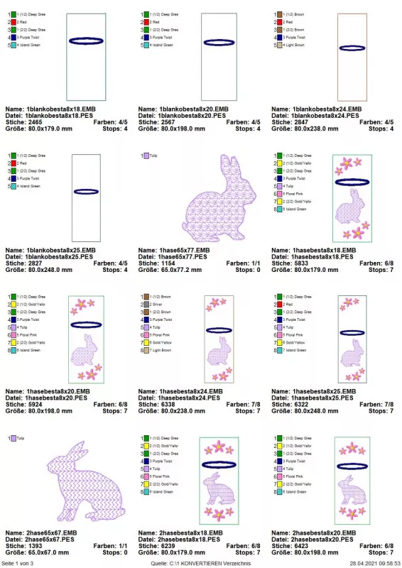 Stickdatei Set ITH Bestecktaschen mit Frühlingsmotiven (4 Größen), Übersicht mit 12 Dateien. 10 mal Hochformat-Bestecktaschen, dabei 4 mal Blanko, 6 mal Hasenmotiv (2 Designs). Weiterhin 2 mal einzelner Hase in 2 Ausführungen.