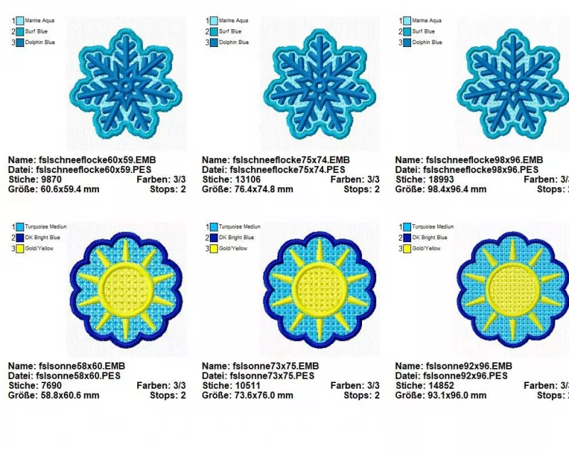 Stickdatei Set FSL Gnome rund um das Jahr + ITH Anhänger, Übersicht zeigt 6 Dateien. 3 mal für Schneekristall, 3 mal für Sonne.