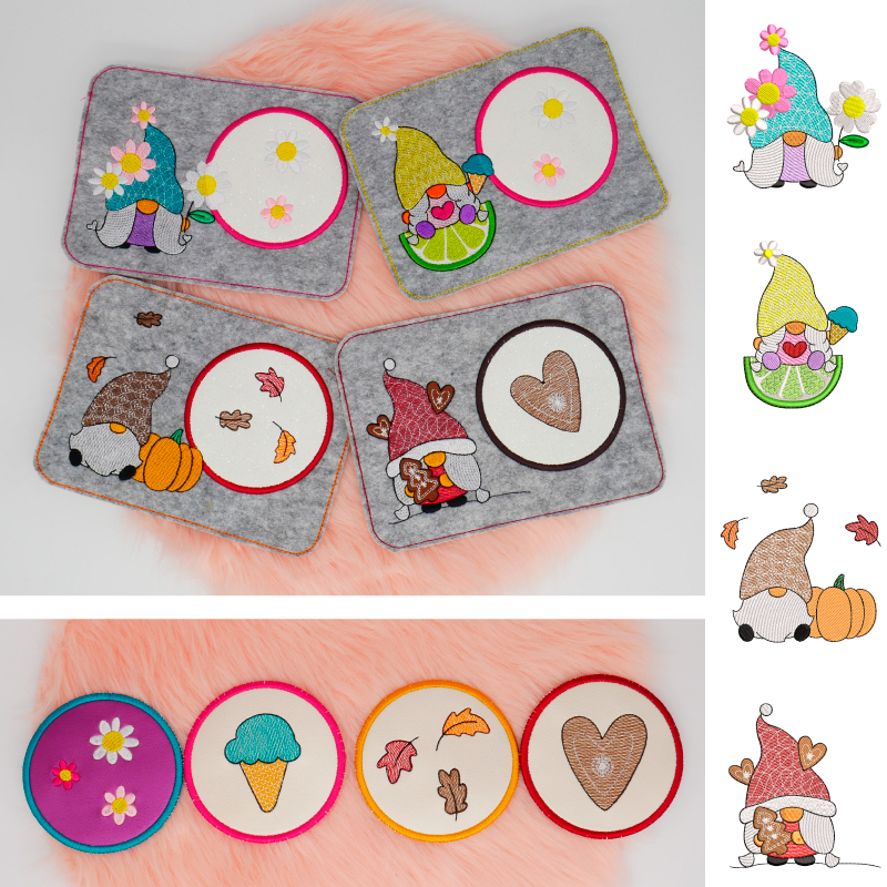 Preview: Stickdatei Set Gnom Mug Rugs 4 Jahreszeiten + Einzelmotive