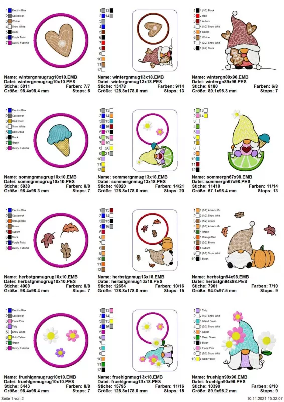 Stickdatei Set Gnom Mug Rugs 4 Jahreszeiten + Einzelmotive, Übersicht mit 12 Dateien. 4 mal kreisrunder Abstellplatz mit je Lebkuchenherz, Eistüte, 3 Herbstblättern, 3 Blüten im Zentrum. 4 mal Gnom, je mit Lebkuchen, Eis und Zitronenspalte, Kürbis und Her