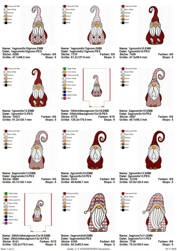 Stickdatei Set Gnomtrio - drei Gnome in Vollstick mit ITH-Lichtbeutel-Dateien (13x18), Übersicht mit 12 Dateien. 10 mal einzelner Gnom, unterschiedliche Designs. 2 mal Lichtbeutel mit je unterschiedlichem Gnom.