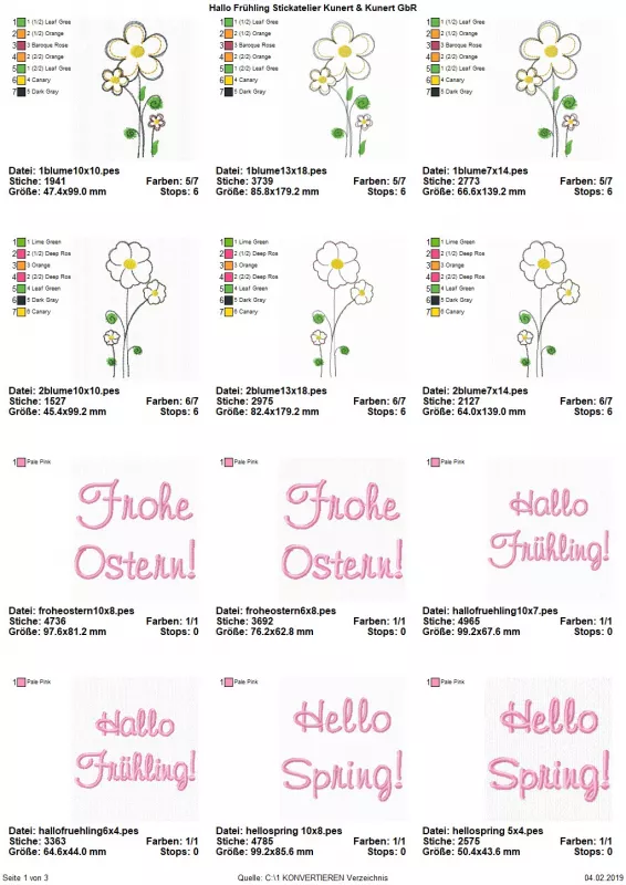 Stickdatei Set Hallo Frühling (div. Rahmengrößen), Übersicht über 12 Dateien. 6 mal Blume, 2 Varianten. 6 mal Schriftzüge: "Frohe Ostern!", "Hallo Frühling!", "Hello Spring!".