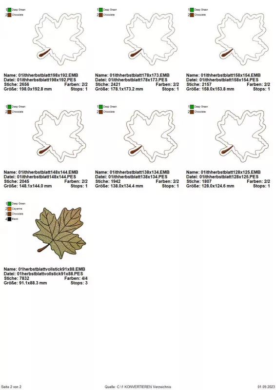 Stickdatei Set ITH Schilder, Anhänger & Gnom (Herbstkalendertürchen 1 b), Übersicht mit sieben Dateien. Sechsmal für rahmenartigen Ahorn-Blatt-Umriss; einmal geädertes und gestieltes Ahornblatt.