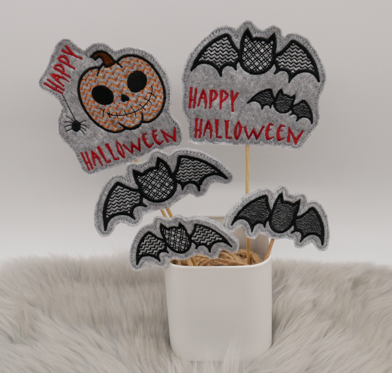 Stickdatei Set Halloween Stabdeko groß & klein mit Fledermäusen.