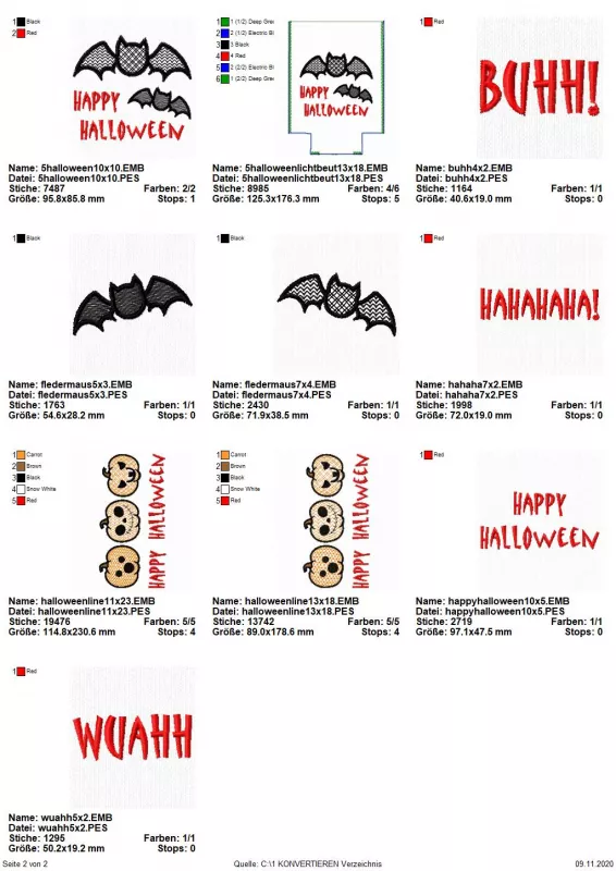 Stickdatei Set ITH Lichtbeutel Halloween (13x18 Rahmen) plus Einzelmotive, Übersicht mit 10 Motiven. 2 mal einzelne Fledermaus; 1 mal Fledermäuse mit Schriftzug; 2 mal Kürbis-Trio mit Schriftzug; 4 mal einzelner Schriftzug; 1 mal Lichtbeutel mit Fledermäu