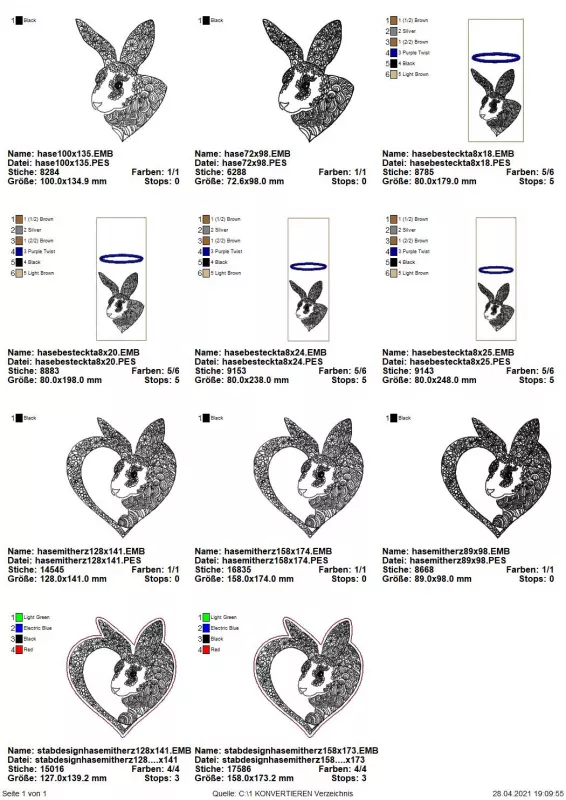 Stickdatei Set Hase mit Herz inkl. Dateien für Bestecktaschen und Stabdesign (div. Größen), Übersicht mit 11 Dateien. 4 mal Bestecktaschen mit Hasenkopf; 7 mal einzelner Hasenkopf (2 Varianten).