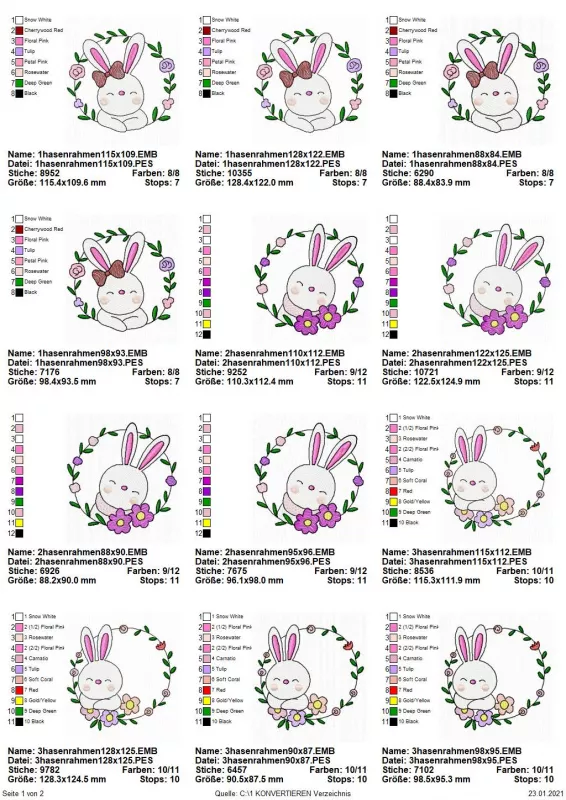 Übersicht Stickdatei Set Hasenrahmen