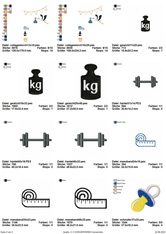 Stickdatei Set Hello Baby (div. Größen), Übersicht mit 12 Dateien. 3 mal Maßband, 1 mal Schnuller, 3 mal Hantel, 3 mal kg-Gewicht, 2 malUhr/Gewichtssymbol/Maßband/Girlande/Klapperstorch.