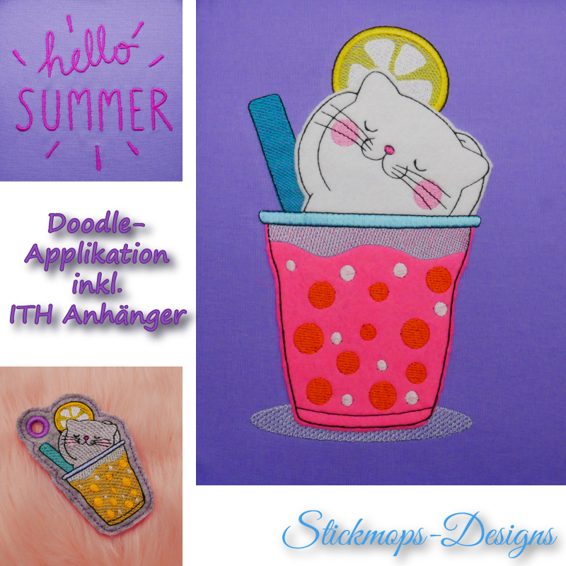 Preview: Stickdatei Set Hello Summer Cat Doodle Applikation inkl. ITH Anhänger