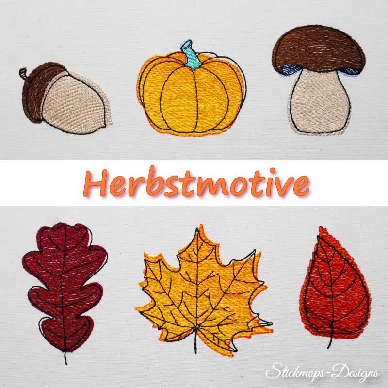 Ansicht gestickter Motive Eichel Kürbis Steinpilz Eichenblatt Ahornblatt  Birkenblatt
