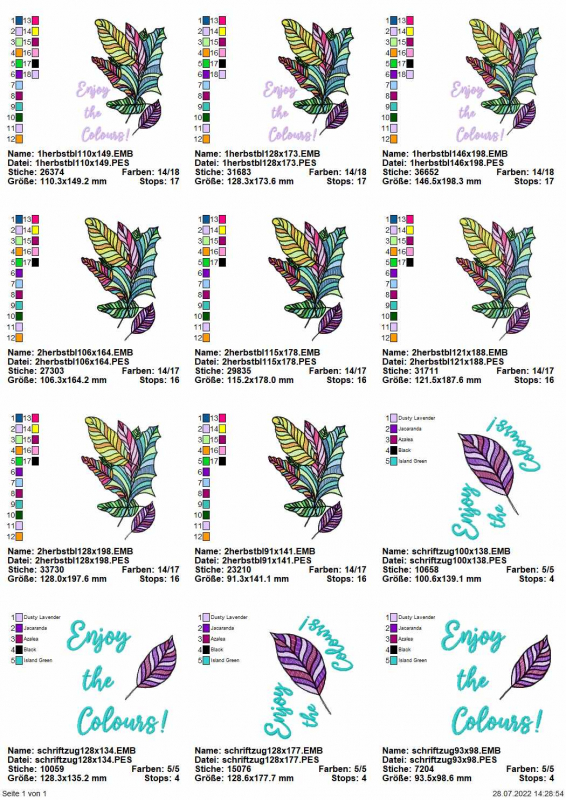 Stickdatei Set Enjoy the Colours! Übersicht mit Varianten: Farbenfrohe Herbstblättersammlung, mit Schriftzug "Enjoy the Colours!" links, bzw. ohne Schrift. Außerdem einzelnes kleines lila Herbstblatt mit Schriftzug, Wörter in verschiedenen Positionen um d