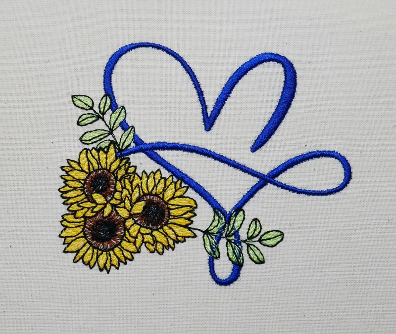 Preview: Geschwungene Linie, die ein Herz bildet mit Sonneblumen.