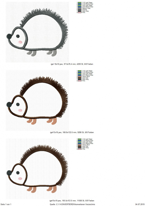 Preview: Stickdatei Igel Applikation in 3 Größen, Übersicht über 3 Dateien, jeweils Igel.