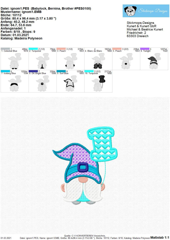 Preview: Freebie Stickdatei Gnom 1 von 3, Übersicht mit 10 Einzeldateien zur Erstellung eines Gesamtmotivs, das darunter als Abbildung zu sehen ist. Bunter Gnom, in der Hand einen Luftballon in Form des Buchstaben 