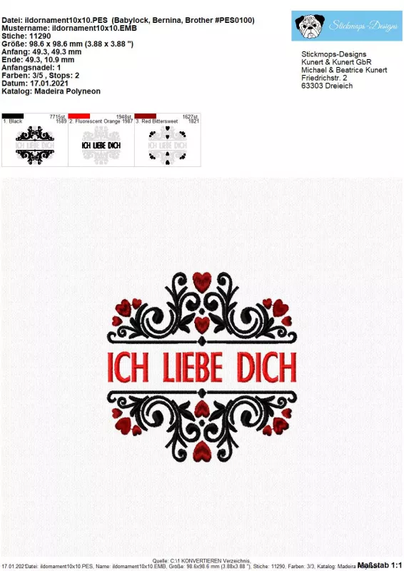 Freebie Stickdatei Split Ornament Ich liebe Dich (10x10 Rahmen)