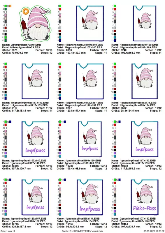 Stickdatei Set ITH Impfpass-Hüllen 24 Designs (13x18), Übersicht mit 12 Dateien. 1 mal Spritzengnom als geöster ITH-Anhänger; 11 mal Hülle mit Spritzengnom, dabei 6 mal darunter der Schriftzug "Impfpass", bzw. "Pieks-Pass".