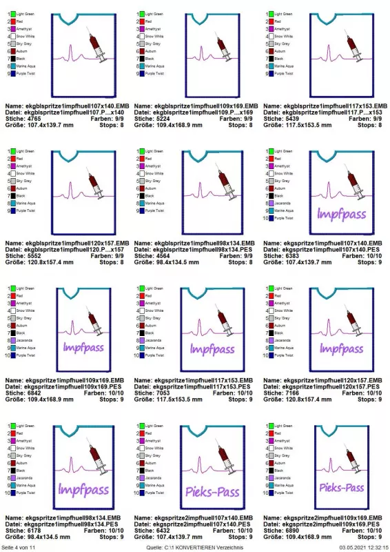 Stickdatei Set ITH Impfpass-Hüllen 24 Designs (13x18), Übersicht mit 12 Hüllen-Dateien. 5 mal EKG-Kurve und Spritze; 6 mal EKG-Kurve mit Spritze und Schriftzug "Impfpass", bzw. "Pieks-Pass".