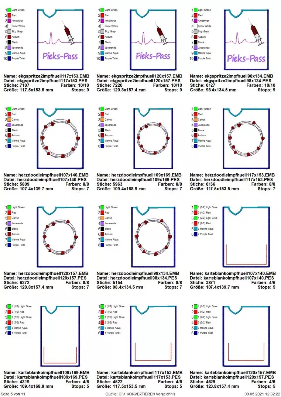 Stickdatei Set ITH Impfpass-Hüllen 24 Designs (13x18), Übersicht zeigt 12 Dateien für Impfpass-Hüllen. 4 mal Blanko mit Einsteckfach; 5 mal Kranz mit Herzchen; 3 mal EKG-Kurve mit Spritze und Schriftzug "Pieks-Pass".