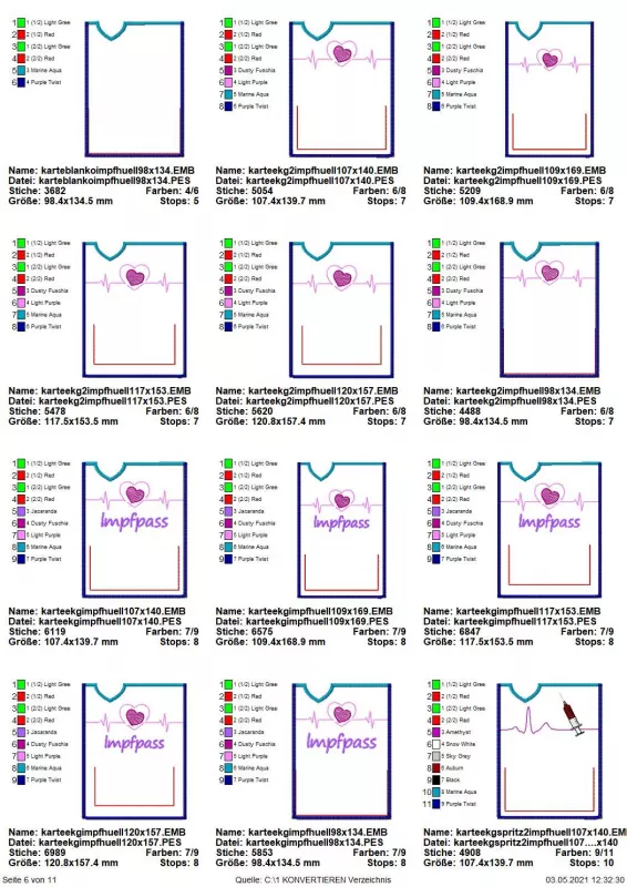 Stickdatei Set ITH Impfpass-Hüllen 24 Designs (13x18), Übersicht über 12 Dateien. 1 mal Blanko; 4 mal EKG-Kurve mit Herz und Einsteckfach; Dasselbe 1 mal ohne Einsteckfach; 6 mal EKG-Kurve mit Herz und Schriftzug "Impfpass", darunter 5 mal mit Einsteckfac