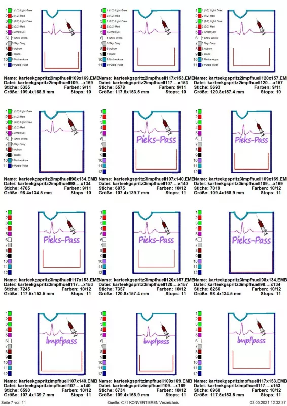 Stickdatei Set ITH Impfpass-Hüllen 24 Designs (13x18), Übersicht zeigt 12 Dateien, alle mit Motivbestickung EKG-Linie mit Spritze. Darunter 1 nur mit Motivbestickung; 1 mit Motiv und Schriftzug "Pieks-Pass"; 3 mit Motiv und Einsteckfach; 7 mit Motiv, Eins