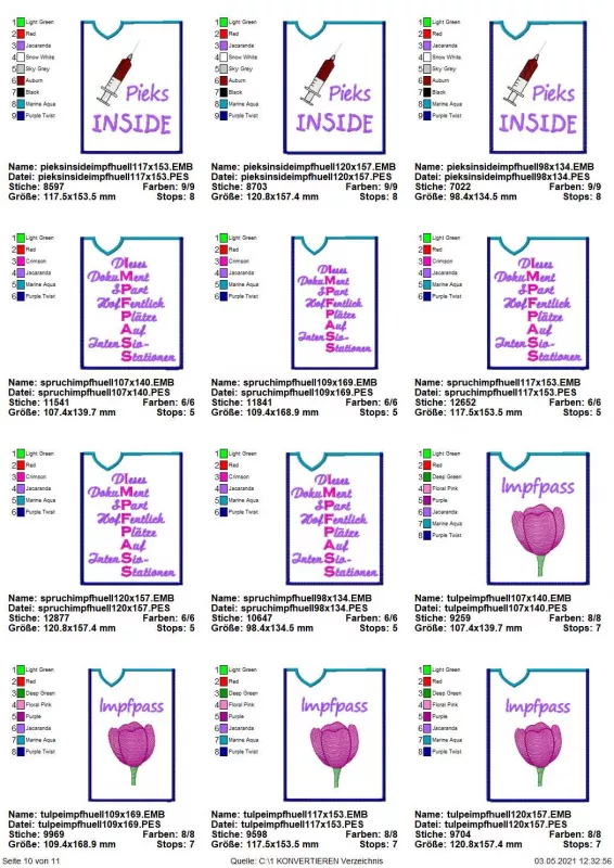 Stickdatei Set ITH Impfpass-Hüllen 24 Designs (13x18), Übersicht über 12 Designs. 4 mal Tulpe mit Schriftzug "Impfpass"; 3 mal Spritze mit Schriftzug "Pieks INSIDE"; 5 mal nur Schrift: Akrostichon "IMPFPASS/Dieses Dokument spart hoffentlich Plätze auf Int