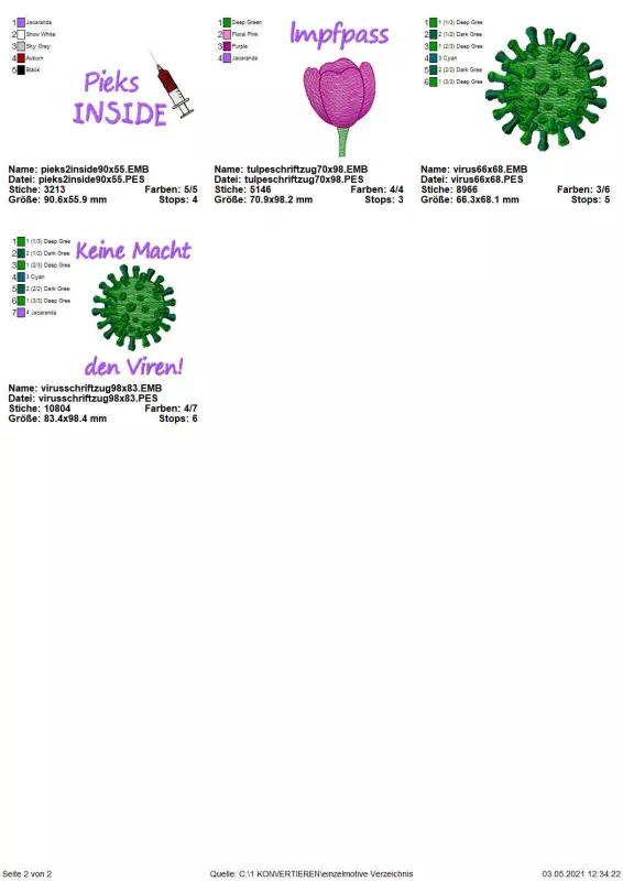 Stickdatei Set ITH Impfpass-Hüllen 24 Designs (13x18), Übersicht mit 4 Dateien. 2 mal mit Bestickung Virus, ohne/mit Schriftzug "Keine Macht den Viren!". 1 mal Tulpe, Schriftzug "Impfpass". 1 mal Spritze, Schriftzug "Pieks INSIDE".