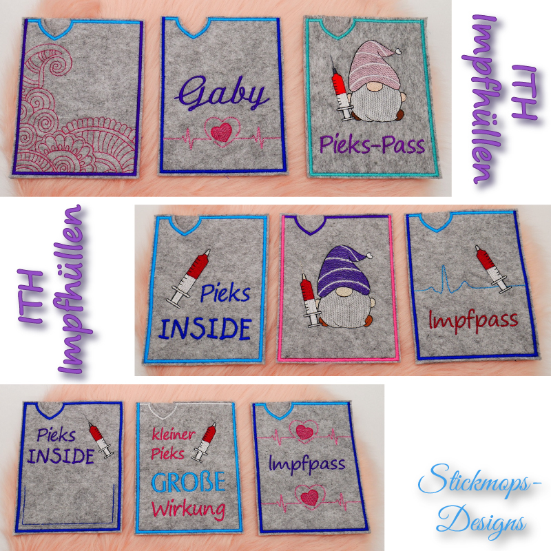 Preview: Stickdatei Set ITH Impfpass-Hüllen 24 Designs (13x18), 3er-Foto mit grauen Filzhüllen, die bestickt sind. Je Motive: Filigraner Musterstick, bzw. EKG-Kurve mit Herz und Schriftzug 